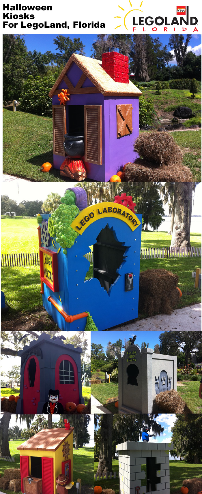 LEGOLAND Florida Halloween kiosks for kids to receive candy from staff in costume.