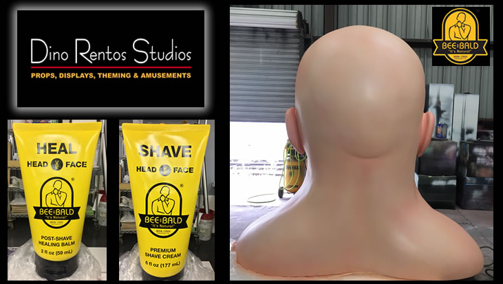 Large Custom Foam Bald Head and Bottle Replica for Custom Tradeshow Display