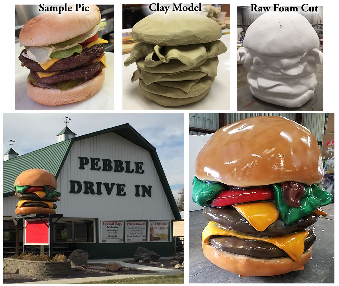 Custom Foam Cheeseburger Burger Prop and Display for retail restaurant outdoor sign