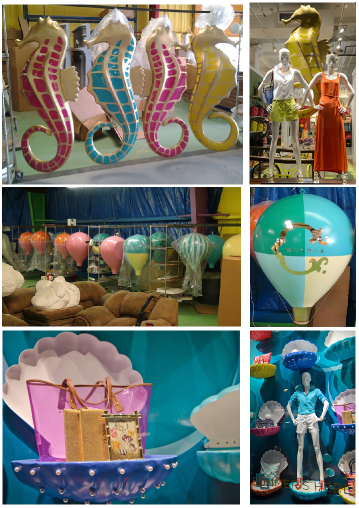 Custom Retail Point of Sale Window Display Foam Sculptured Seahorse Clam Shell and Hot Air Balloon Theme
