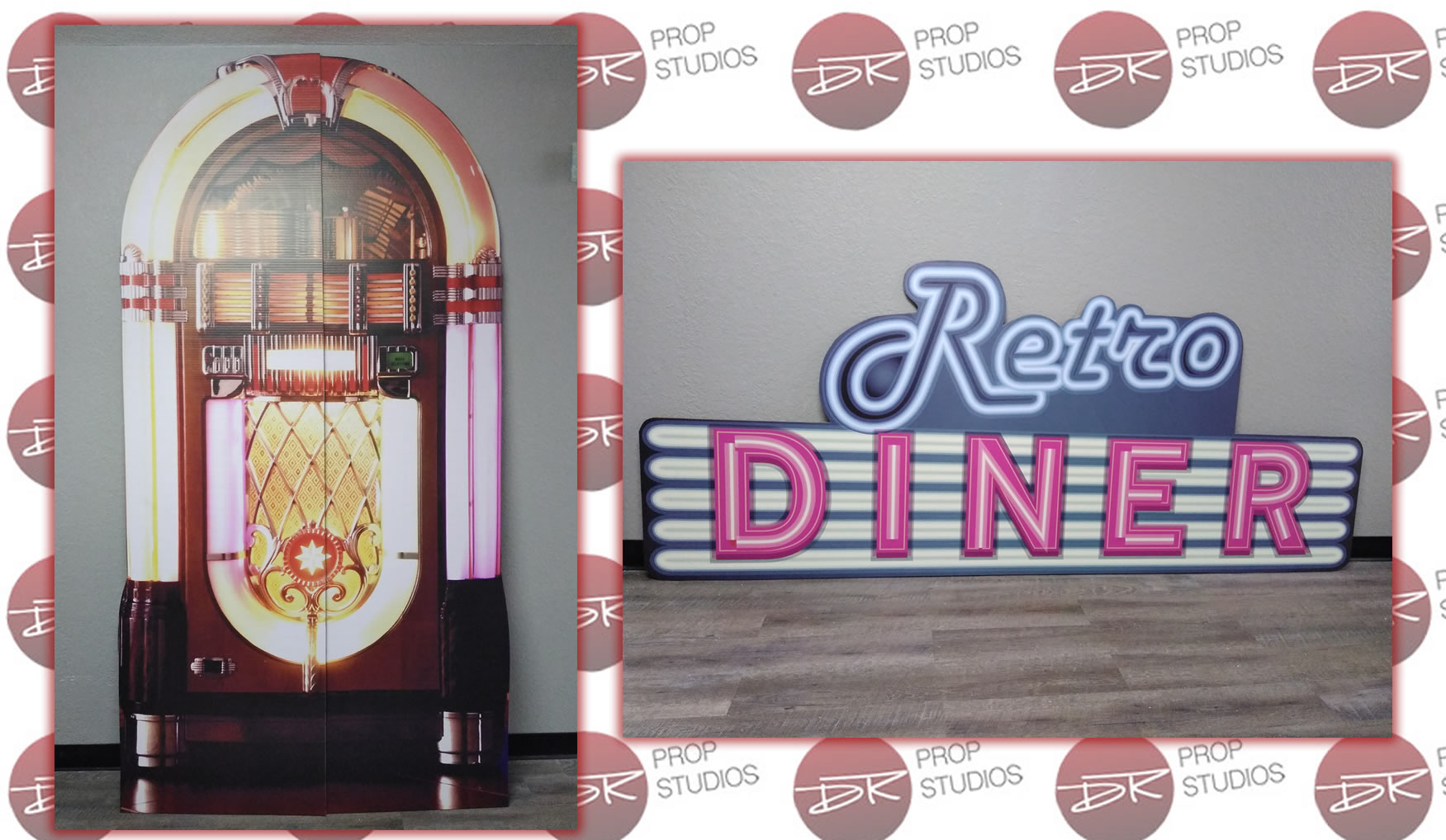 1950s Jukebox and Retro Diner Cardboard Cutout Standup Props for parties and events